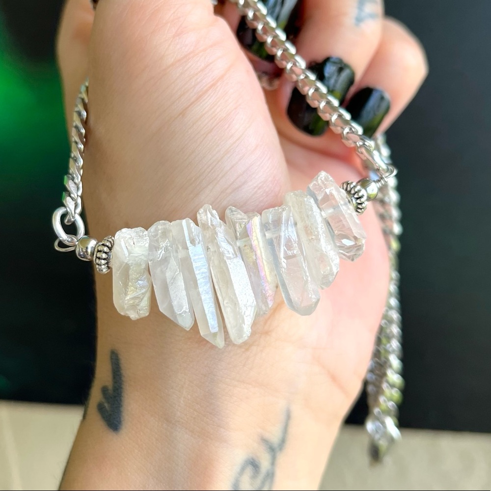 Angel aura crystal quartz on stainless steel chain boho goth choker necklace - Picture 2 of 10